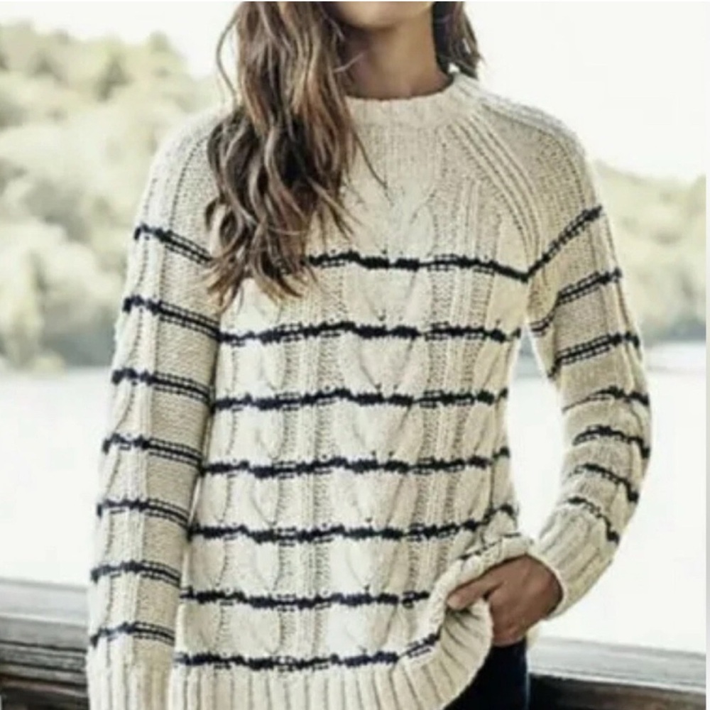 J. Jill Cream and Navy Striped Cable Knit Sweater